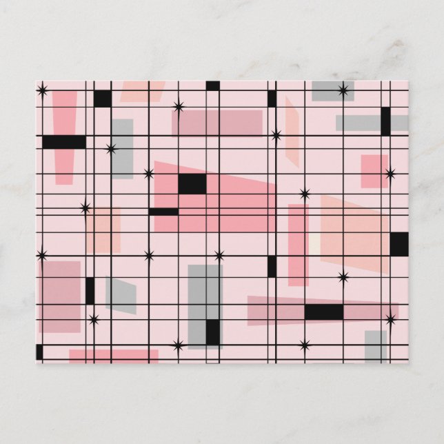 Retro Pink Grid and Starbursts Postcard (Front)