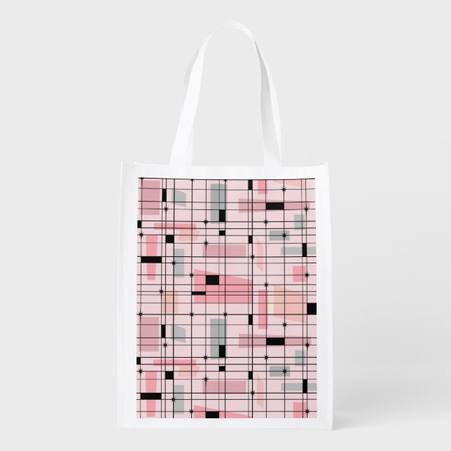 Retro Pink Grid and Starbursts Reusable Bag (Back)