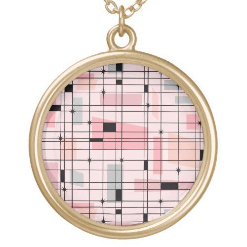 Retro Pink Grid and Starbursts Round Necklace