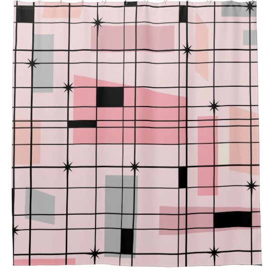 Retro Pink Grid and Starbursts Shower Curtain