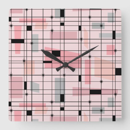 Retro Pink Grid and Starbursts Square Wall Clock