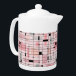 Retro Pink Grid and Starbursts Teapot<br><div class="desc">This Retro Pink Grid and Starbursts Teapot is where vintage style meets modern day. It features a light pink background with kitschy, off kilter squares and rectangles in dove grey and three shades of pink. The whimsical blocks of color are overlayed and worked into some of the grid intersections. There...</div>