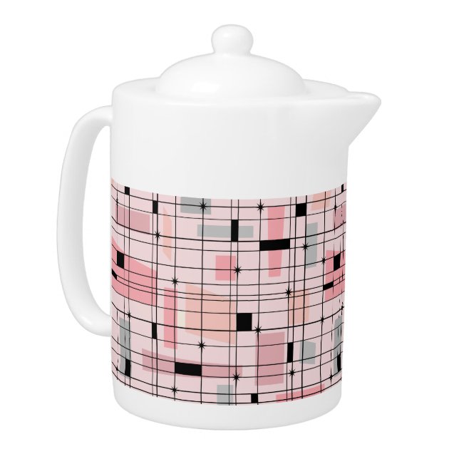 Retro Pink Grid and Starbursts Teapot (Left)