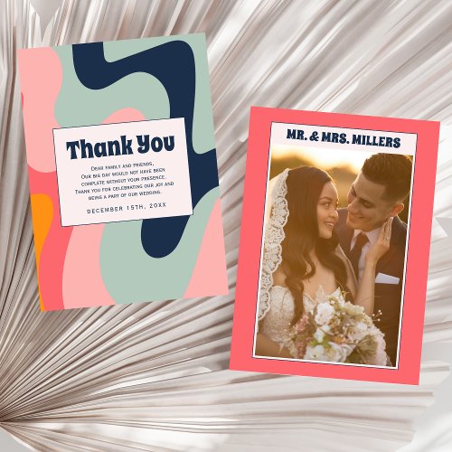 Retro Pink Groovy 70s Photo Thank You Card