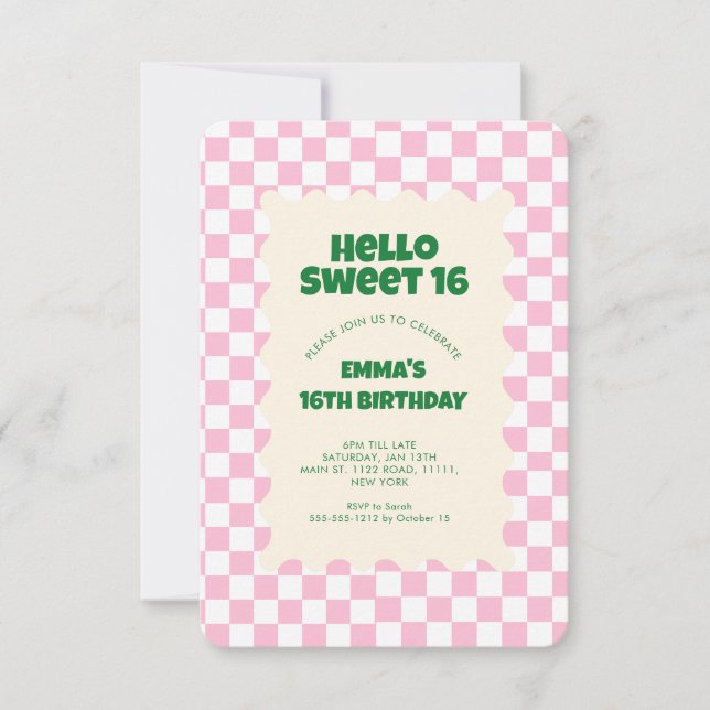 Retro Pink  Groovy Checker Sweet 16  Invitation (Front)