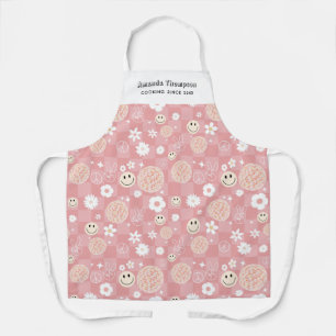 Retro Pink Groovy Checkered Hippie Custom Name Apron