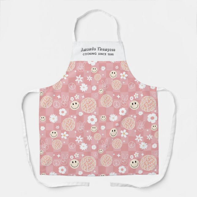 Retro Pink Groovy Checkered Hippie Custom Name Apron (Front)