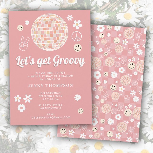 Retro Pink Groovy Checkered Hippie Disco Birthday Invitation (Retro Pink Groovy Checkered Hippie Disco Birthday Invitation)
