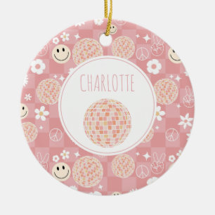 Retro Pink Groovy Checkered Hippie Kids Girl Ceramic Ornament
