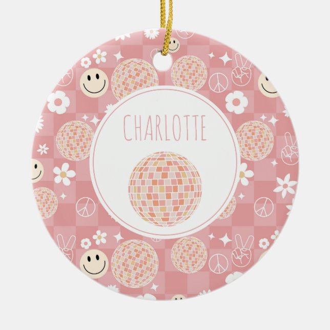 Retro Pink Groovy Checkered Hippie Kids Girl Ceramic Ornament (Front)