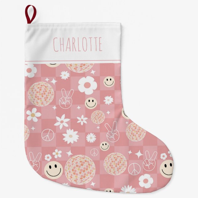 Retro Pink Groovy Checkered Hippie Kids Girl Large Christmas Stocking (Front)
