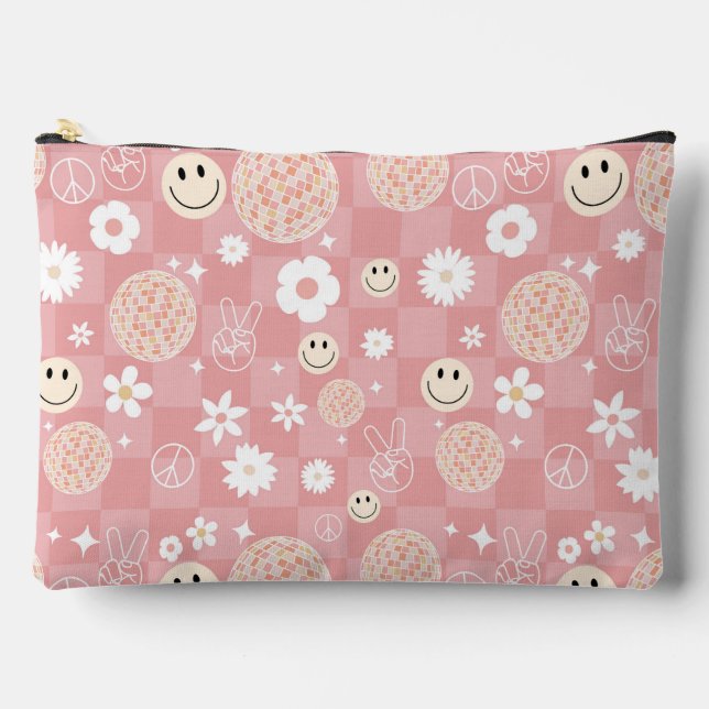 Retro Pink Groovy Checkered Hippie Pattern Accessory Pouch (Front)