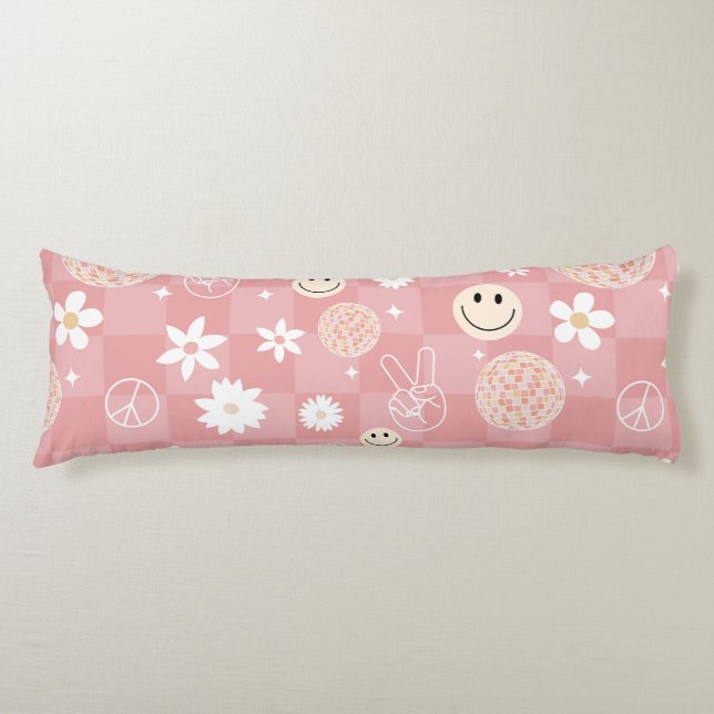 Retro Pink Groovy Checkered Hippie Pattern Body Pillow (Front)