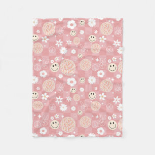 Retro Pink Groovy Checkered Hippie Pattern Fleece Blanket