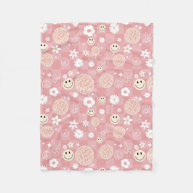 Retro Pink Groovy Checkered Hippie Pattern Fleece Blanket (Front)