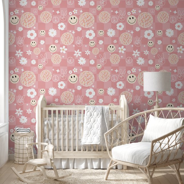 Retro Pink Groovy Checkered Hippie Pattern Girl Wallpaper (Kids)