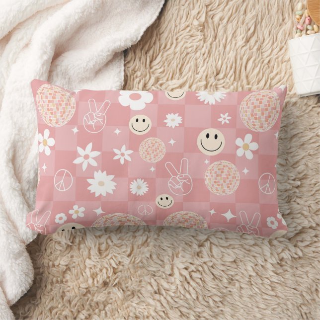 Retro Pink Groovy Checkered Hippie Pattern Lumbar Pillow (Blanket)