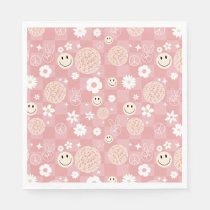 Retro Pink Groovy Checkered Hippie Pattern Napkins