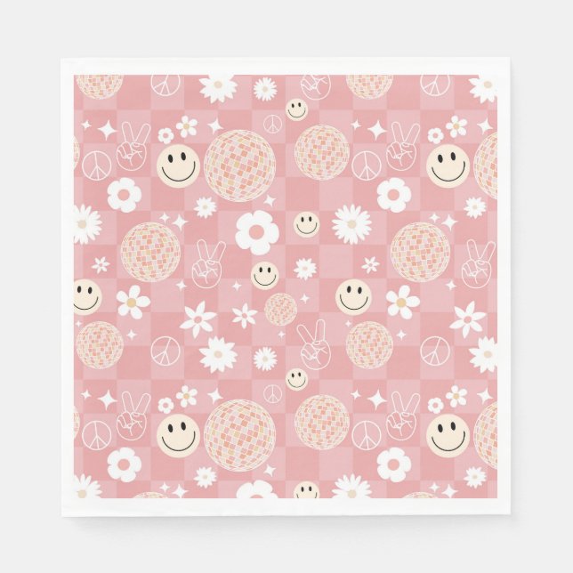 Retro Pink Groovy Checkered Hippie Pattern Napkins (Front)