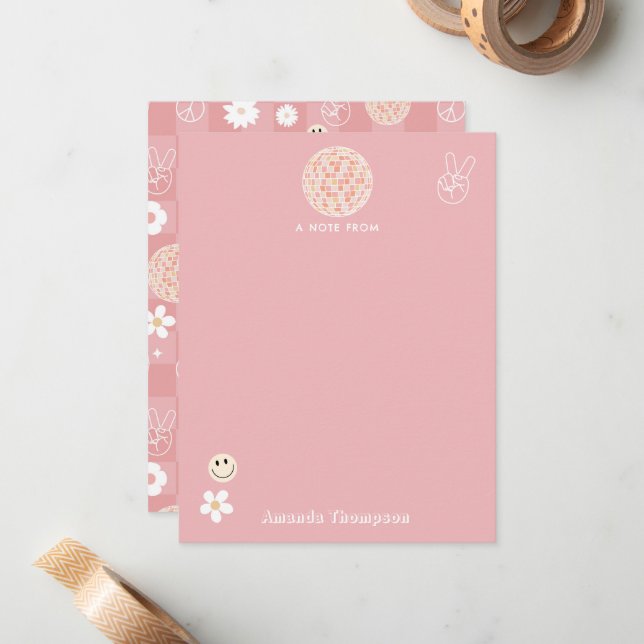 Retro Pink Groovy Checkered Hippie Pattern Note Card (Front/Back In Situ)