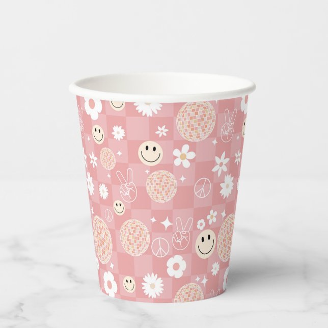 Retro Pink Groovy Checkered Hippie Pattern Paper Cups (Front)