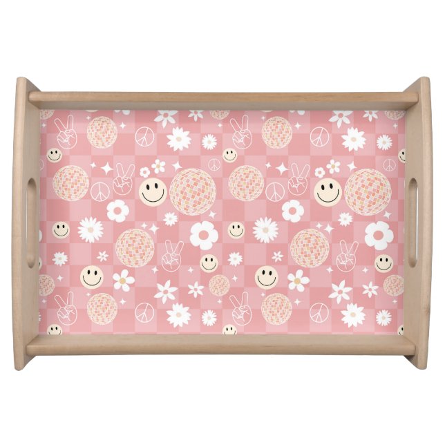 Retro Pink Groovy Checkered Hippie Pattern Serving Tray (Front)