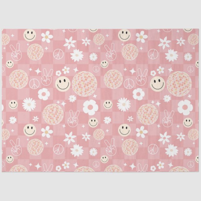 Retro Pink Groovy Checkered Hippie Pattern Tissue Paper (Front)