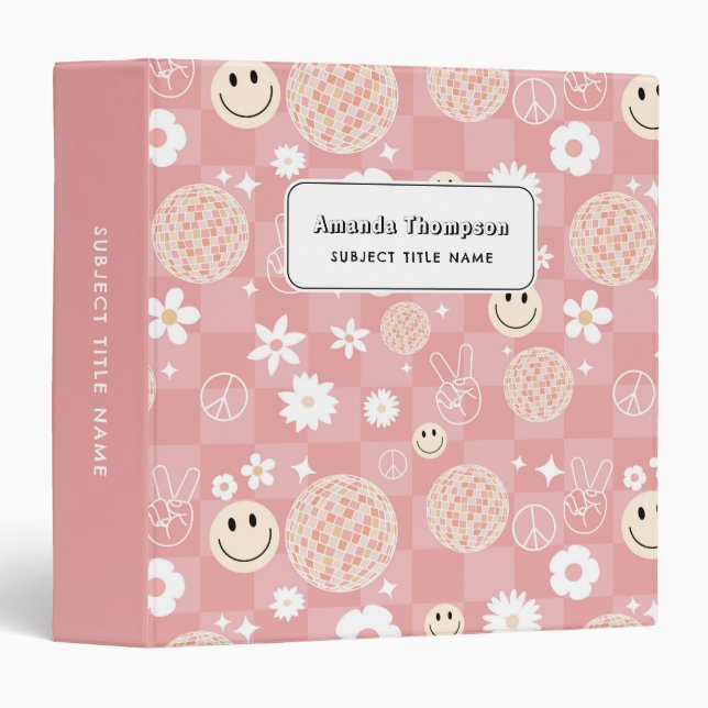 Retro Pink Groovy Checkered Hippie School 3 Ring Binder (Front/Spine)