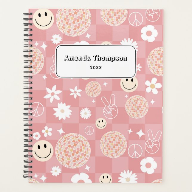 Retro Pink Groovy Checkered Hippie School Planner (Front)