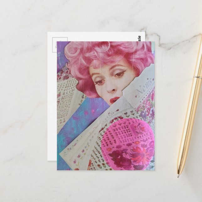 Retro Pink Hair Lady Mixed Media Collage Postcard (Front/Back In Situ)