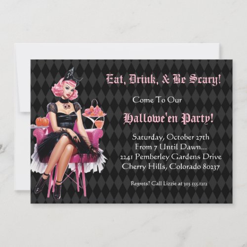 Retro Pink Halloween Party Girl Invitation