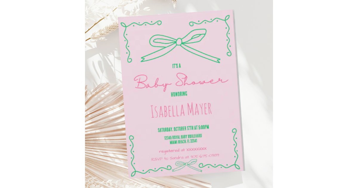 Retro Pink Hand Drawn Bow Baby Shower Invitation | Zazzle
