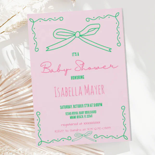 Retro Pink Hand Drawn Bow Baby Shower Invitation | Zazzle
