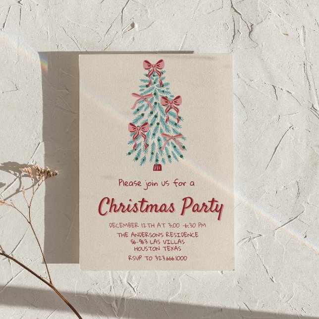 Retro Pink Hand Drawn Christmas Bows Tree Party  Invitation (Creator Uploaded)