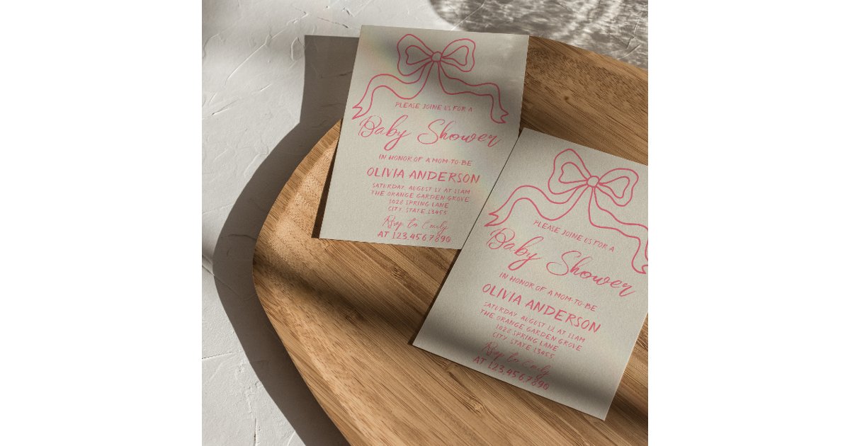 Retro Pink Hand Written Drawn Bow Baby Girl Shower Invitation | Zazzle
