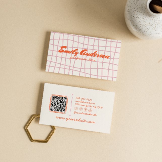 Retro Pink Hand Written Drawn Groovy Girly QR Code Business Card (Creator Uploaded)