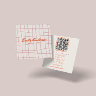 Retro Pink Hand Written Drawn Groovy Girly QR Code Square Business Card