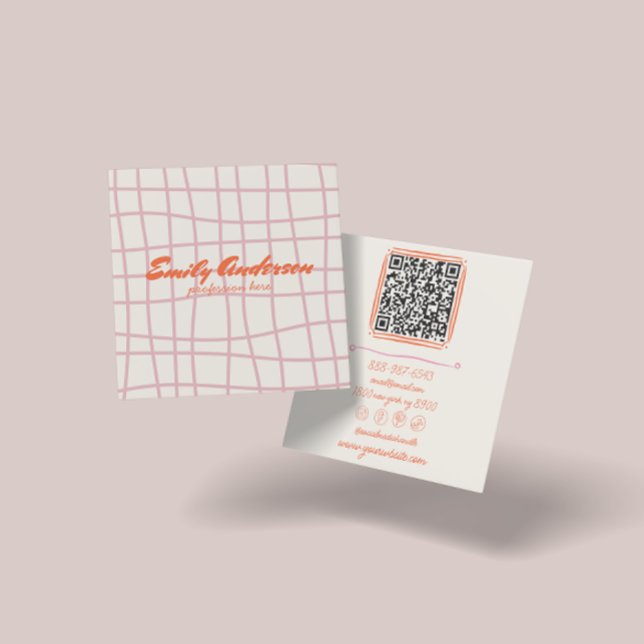 Retro Pink Hand Written Drawn Groovy Girly QR Code Square Business Card (Creator Uploaded)