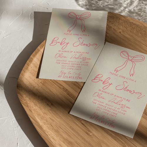 Retro Pink Hand Written Heart Bow Baby Girl Shower Invitation