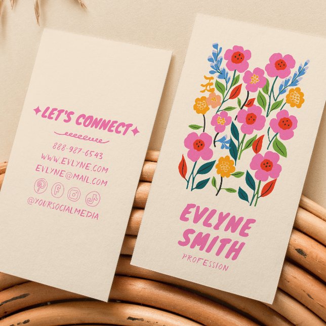 Retro Pink Handwritten Drawn Floral Girly Colorful Business Card (Creator Uploaded)