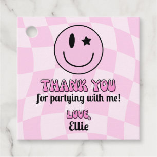 Retro Pink Happy Face Birthday Party Favor Tags