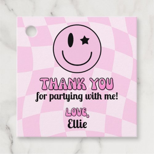 Retro Pink Happy Face Birthday Party Favor Tags