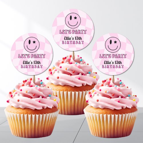 Retro Pink Happy Face Birthday Sticker   Topper