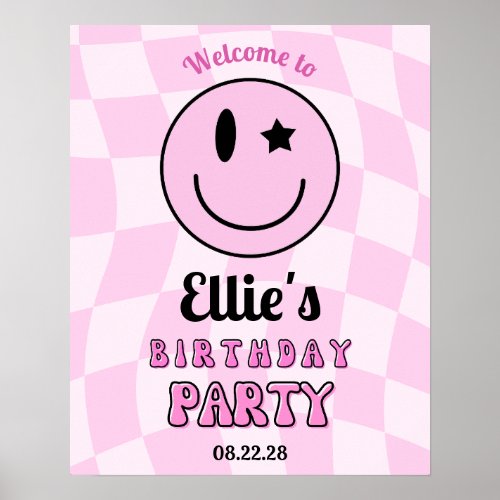 Retro Pink Happy Face Birthday Welcome Sign