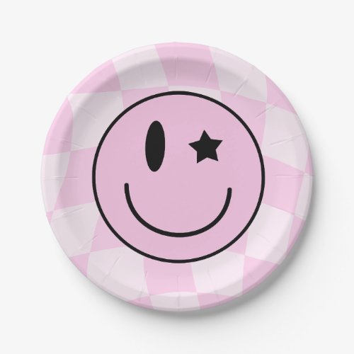 Retro Pink Happy Face Paper Plate