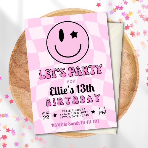 Retro Pink Happy Face Smile Birthday Invitation