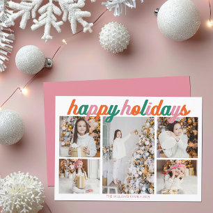 Retro Pink Happy Holidays 5 Photo Collage Holiday Card