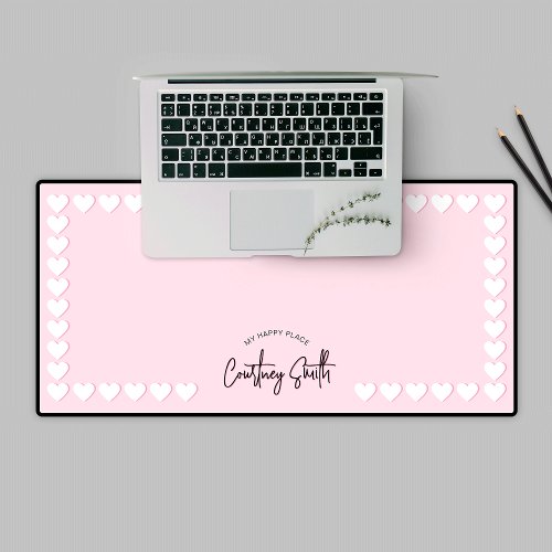 Retro Pink Heart Pattern Cute Trendy Script Name Desk Mat
