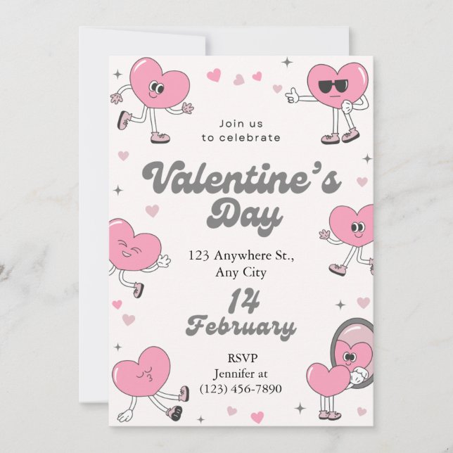 Retro Pink Heart Valentine's Day Party Holiday Card (Front)
