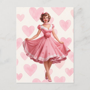 Retro Pink Hearts Romance Card Postcard